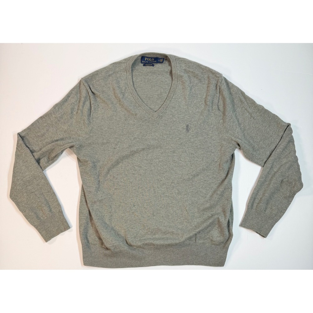 Polo Ralph Lauren Men Grey Pima Cotton V-Neck Sweater Size M Pony Logo